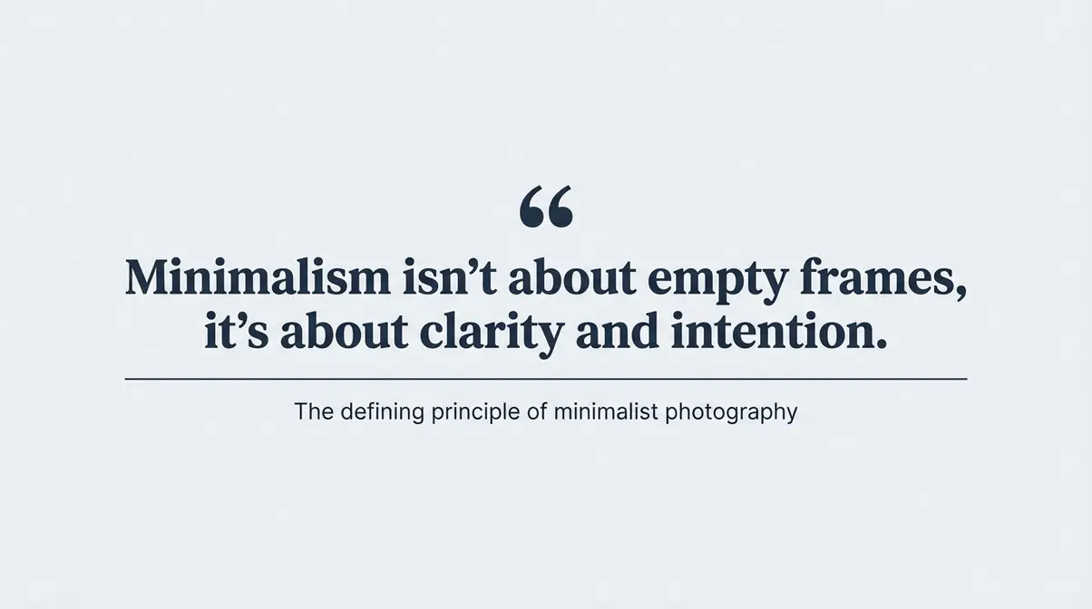 Minimalist photography quote graphic about clarity and intention on clean white background