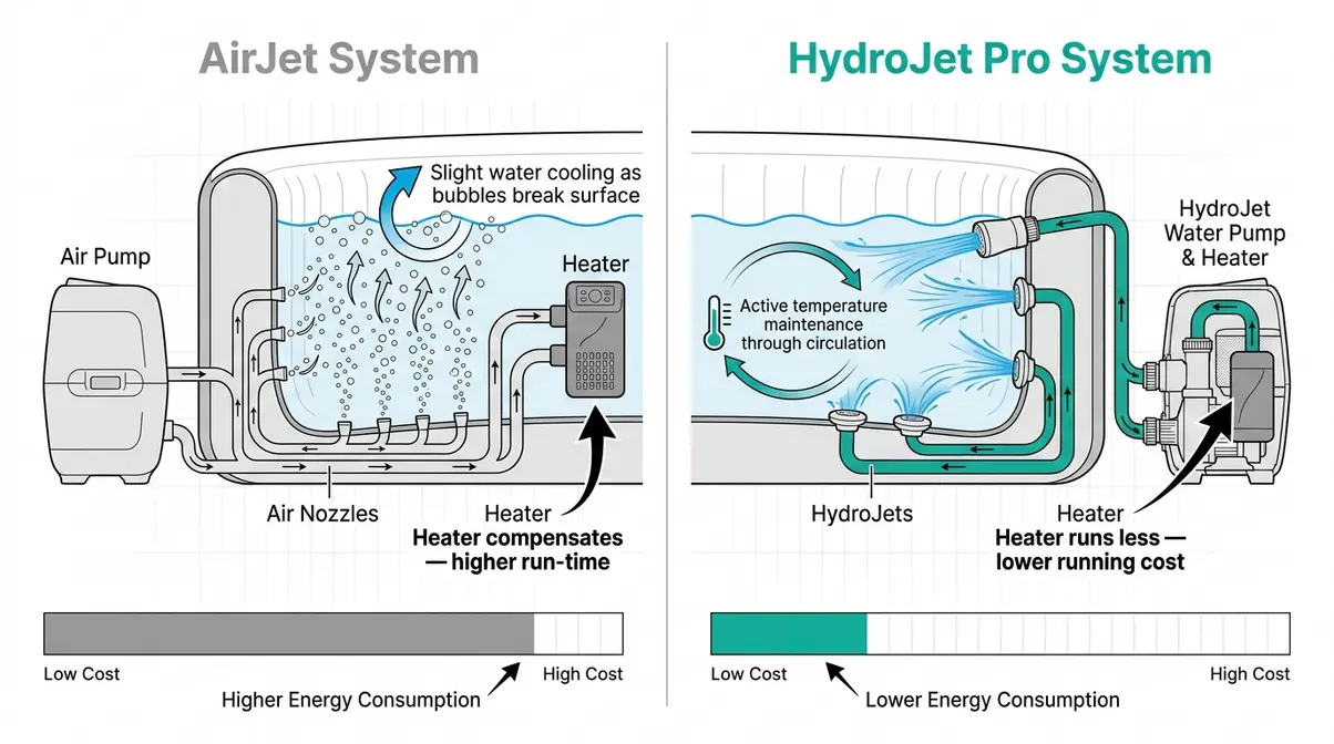 Most Energy Efficient Hot Tub UK: 9 Models Tested (2026) 20 Diagram comparing AirJet and HydroJet Pro systems in inflatable hot tubs and their effect on energy use