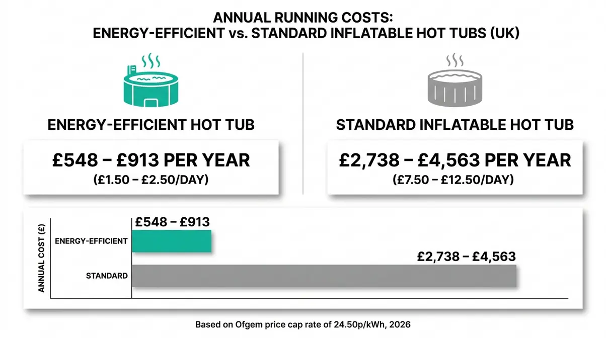 Most Energy Efficient Hot Tub UK: 9 Models Tested (2026) 19 Infographic comparing annual running costs of energy-efficient vs standard inflatable hot tubs in the UK