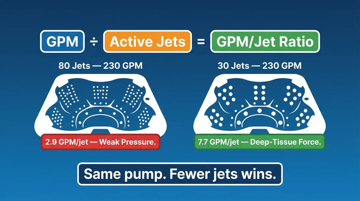Most Powerful Hot Tub Jets 2026: Top 5 Brands Ranked 3 Infographic showing GPM Efficiency Ratio formula with two hot tubs — 80 jets at 2.9 GPM versus 30 jets at 7.7 GPM using the same pump