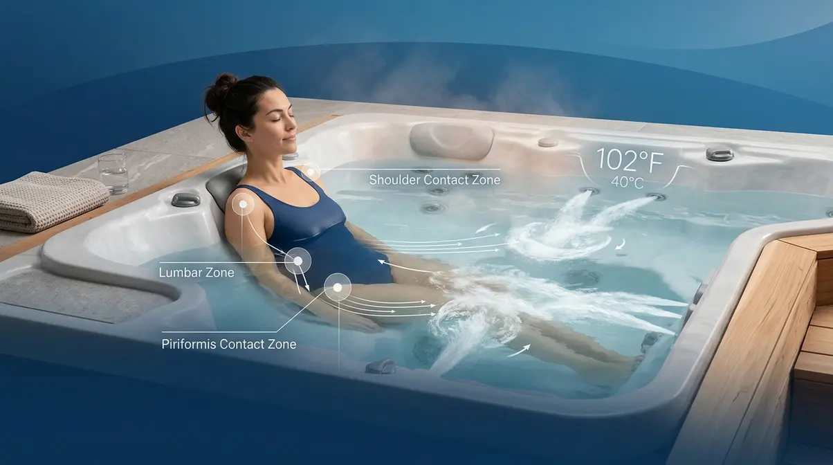 Most Powerful Hot Tub Jets 2026: Top 5 Brands Ranked 5 Person receiving powerful hot tub hydrotherapy with jets targeting lower back and shoulder zones for therapeutic pain relief