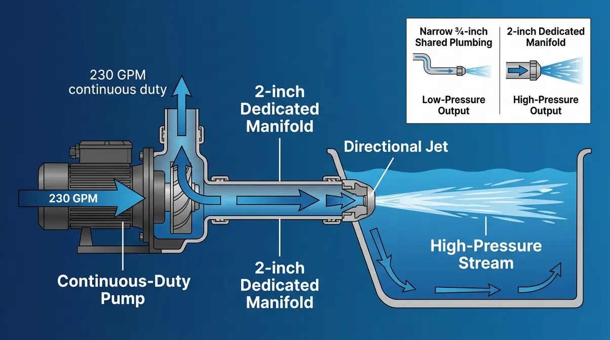 Most Powerful Hot Tub Jets 2026: Top 5 Brands Ranked 1 Technical cutaway diagram showing hot tub pump, 2-inch manifold plumbing, and directional jet mechanics for maximum water pressure