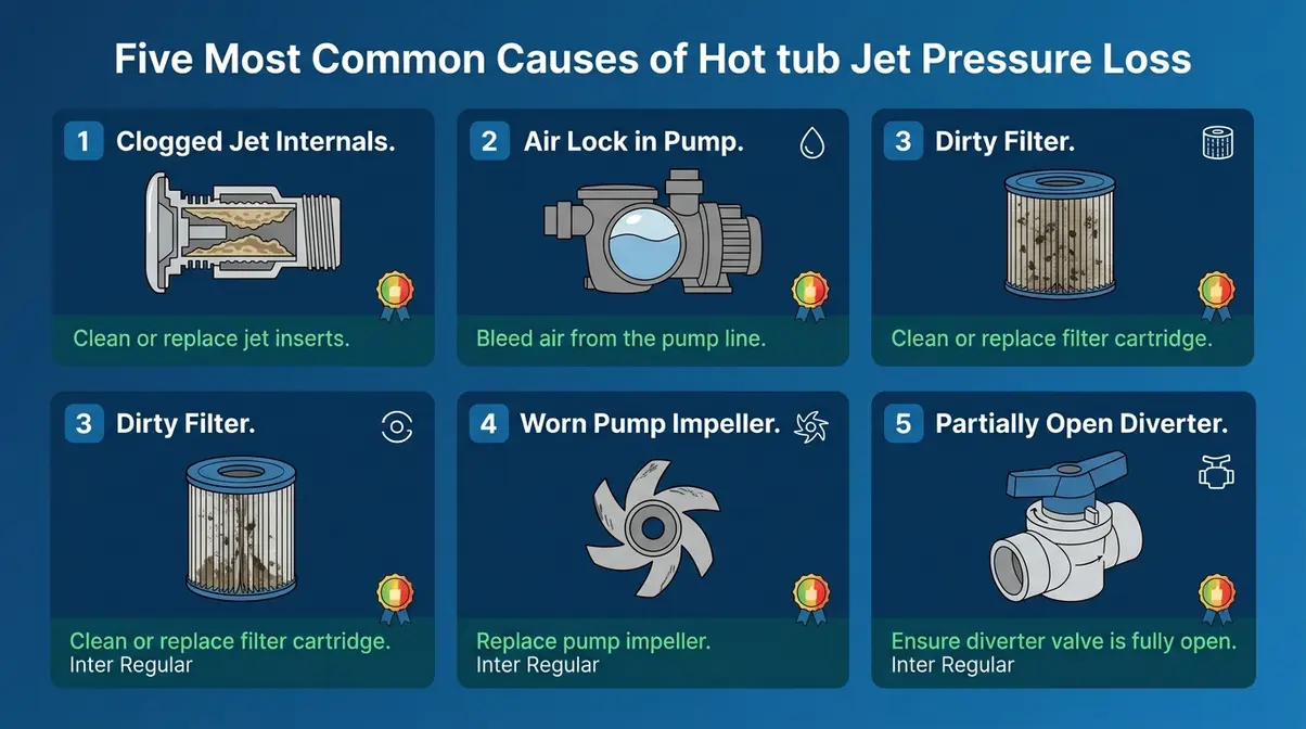 Most Powerful Hot Tub Jets 2026: Top 5 Brands Ranked 11 Diagnostic diagram showing five causes of hot tub jet pressure loss including clogged jets, air lock, dirty filter, worn impeller, and diverter valve