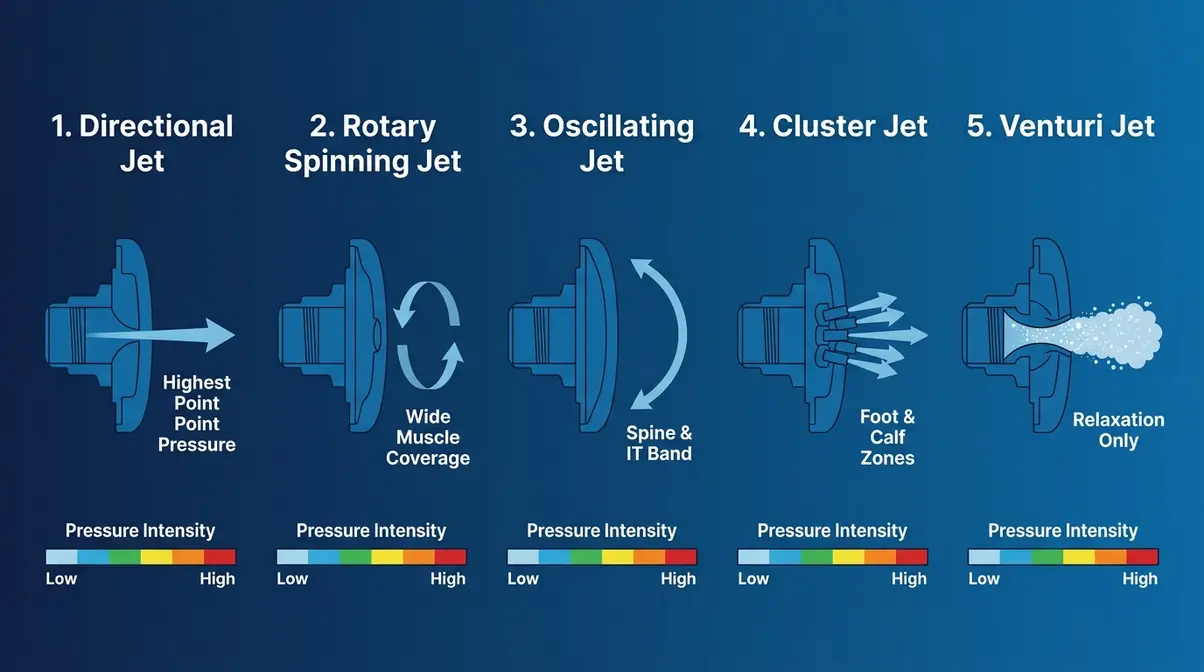 Most Powerful Hot Tub Jets 2026: Top 5 Brands Ranked 6 Five types of hot tub jets illustrated side by side showing directional, rotary, oscillating, cluster, and venturi designs with pressure ratings