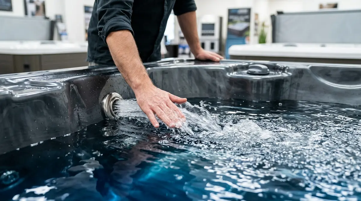 Most Powerful Hot Tub Jets 2026: Top 5 Brands Ranked 4 Person pressing hand against powerful hot tub jet during wet test to evaluate water pressure and GPM output in showroom