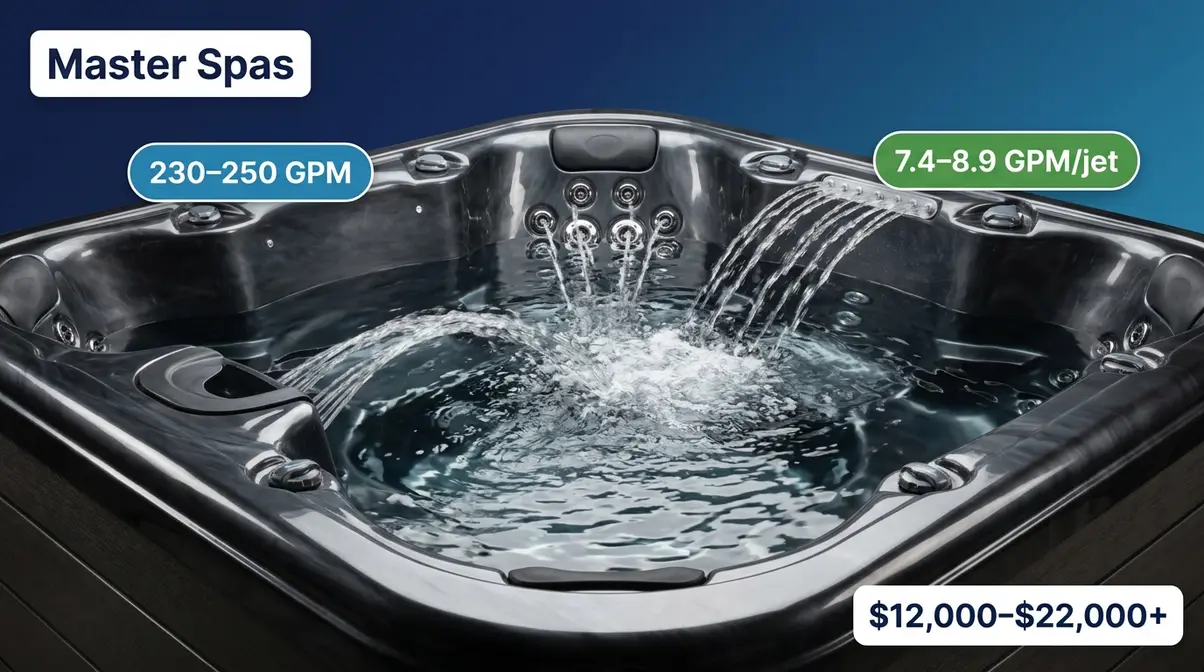 Most Powerful Hot Tub Jets 2026: Top 5 Brands Ranked 8 Master Spas premium therapy hot tub with swim-pump architecture delivering 230 to 250 GPM across 28 to 34 directional jets
