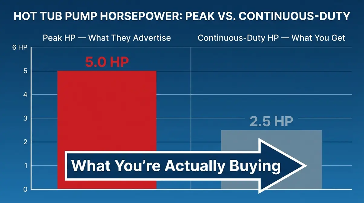 Most Powerful Hot Tub Jets 2026: Top 5 Brands Ranked 2 Bar chart comparing peak horsepower versus continuous-duty horsepower for hot tub pumps showing why HP ratings mislead buyers