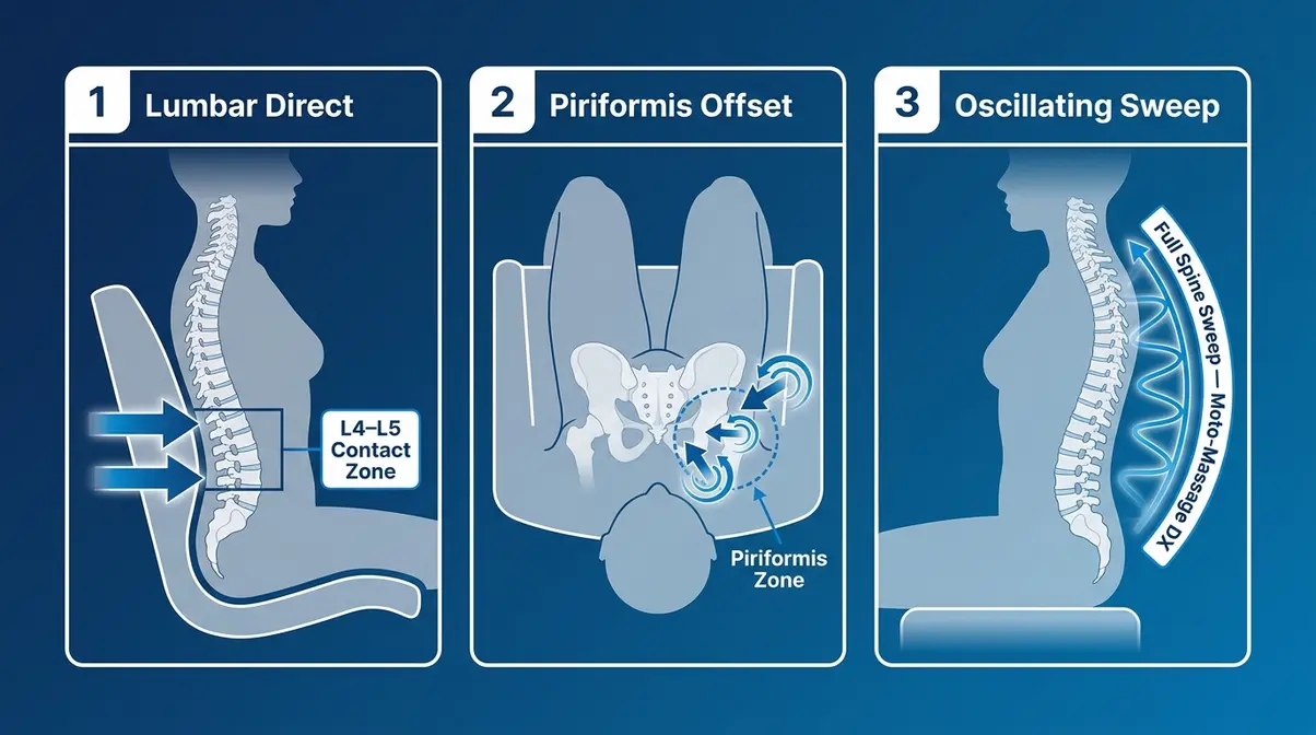 Most Powerful Hot Tub Jets 2026: Top 5 Brands Ranked 9 Diagram showing three hot tub jet positioning techniques for sciatica relief including Lumbar Direct, Piriformis Offset, and Oscillating Sweep