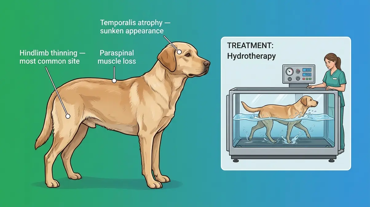 Veterinary diagram showing muscle atrophy signs in dogs including hindlimb thinning and temporalis muscle loss with hydrotherapy treatment