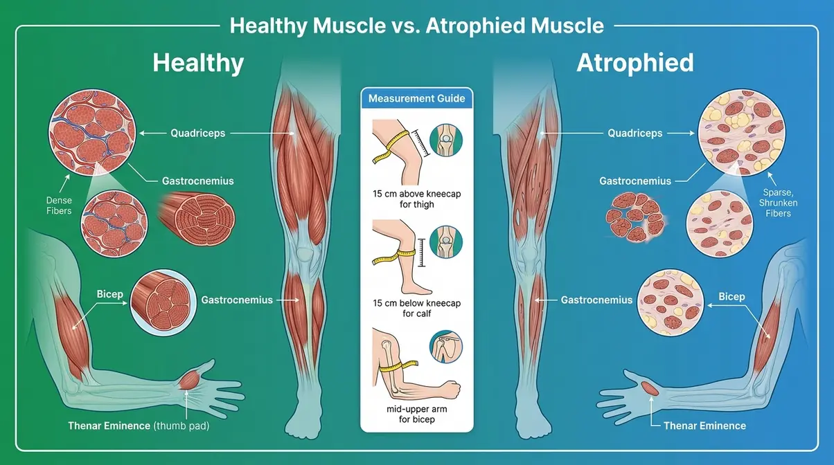 Before and after anatomical diagram comparing healthy muscle fiber density to atrophied muscle in the leg and arm with measurement guide
