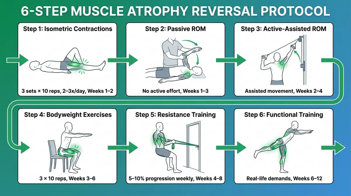 Six-step physical therapy exercise progression for reversing muscle atrophy from isometric contractions to functional movement training