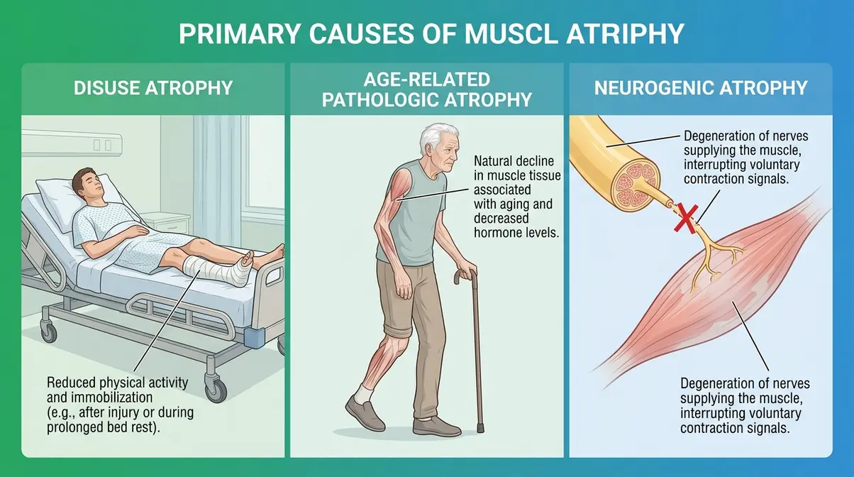 Three causes of muscle atrophy illustrated — bed rest disuse, age-related pathologic loss, and nerve damage neurogenic atrophy