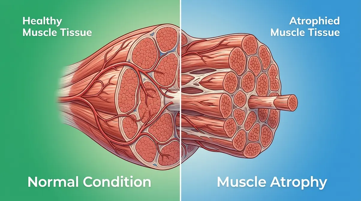 Cross-sectional medical illustration showing healthy muscle fibers compared to shrunken atrophied muscle fibers