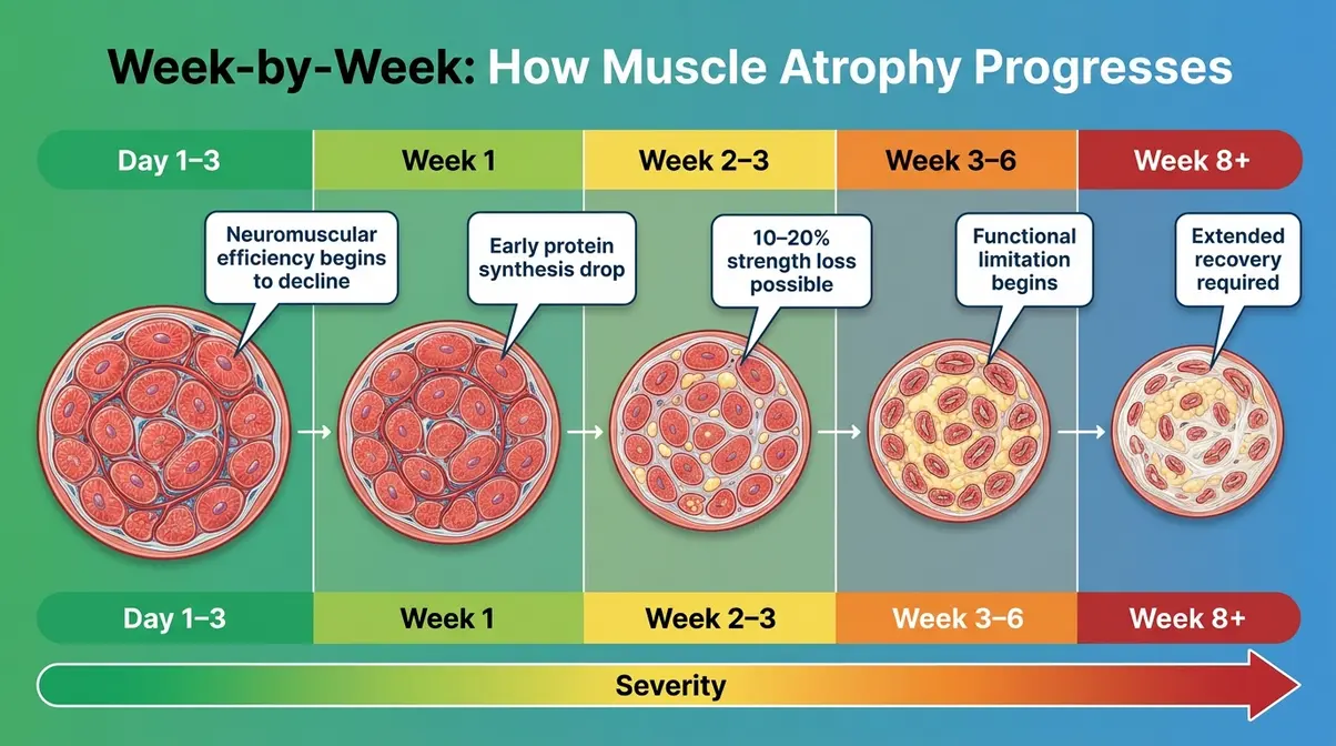 Week-by-week muscle atrophy progression timeline showing how muscle fibers shrink from day one through eight weeks of inactivity