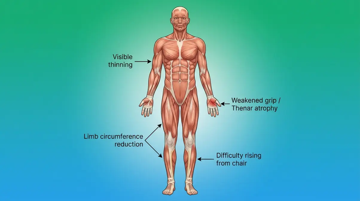 Full-body diagram showing early muscle atrophy symptoms including limb thinning, grip weakness, and thenar eminence atrophy
