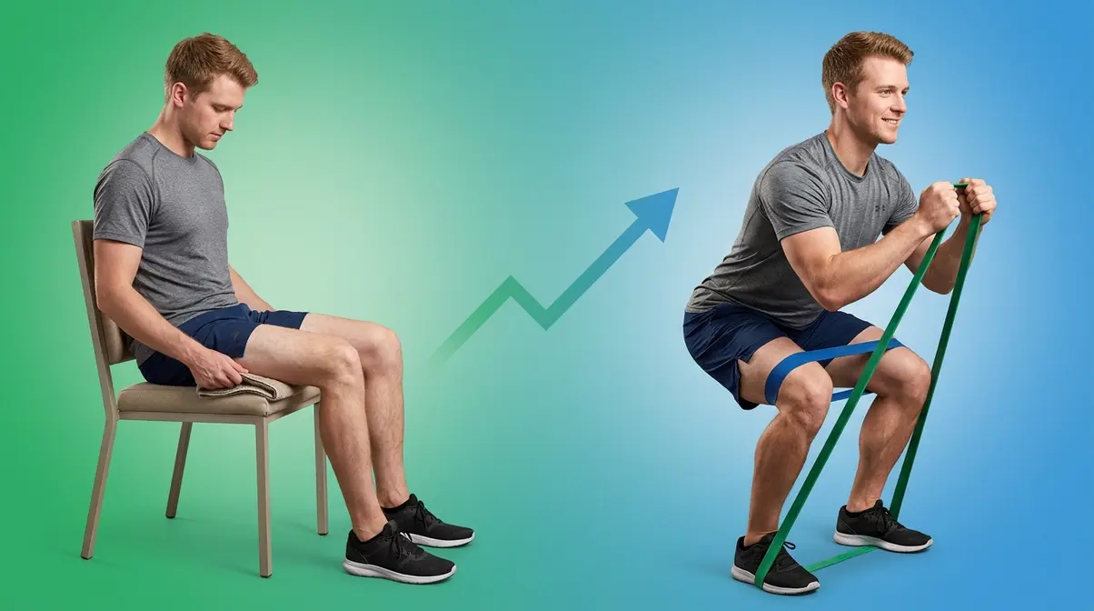 Muscle atrophy reversal treatment showing early isometric exercise progressing to resistance band squat rehabilitation