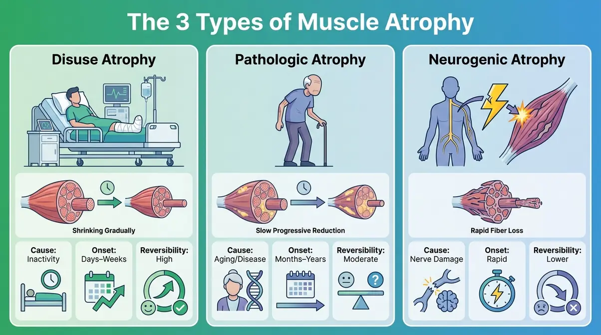Infographic explaining the three types of muscle atrophy — disuse, pathologic, and neurogenic — with causes and reversal potential