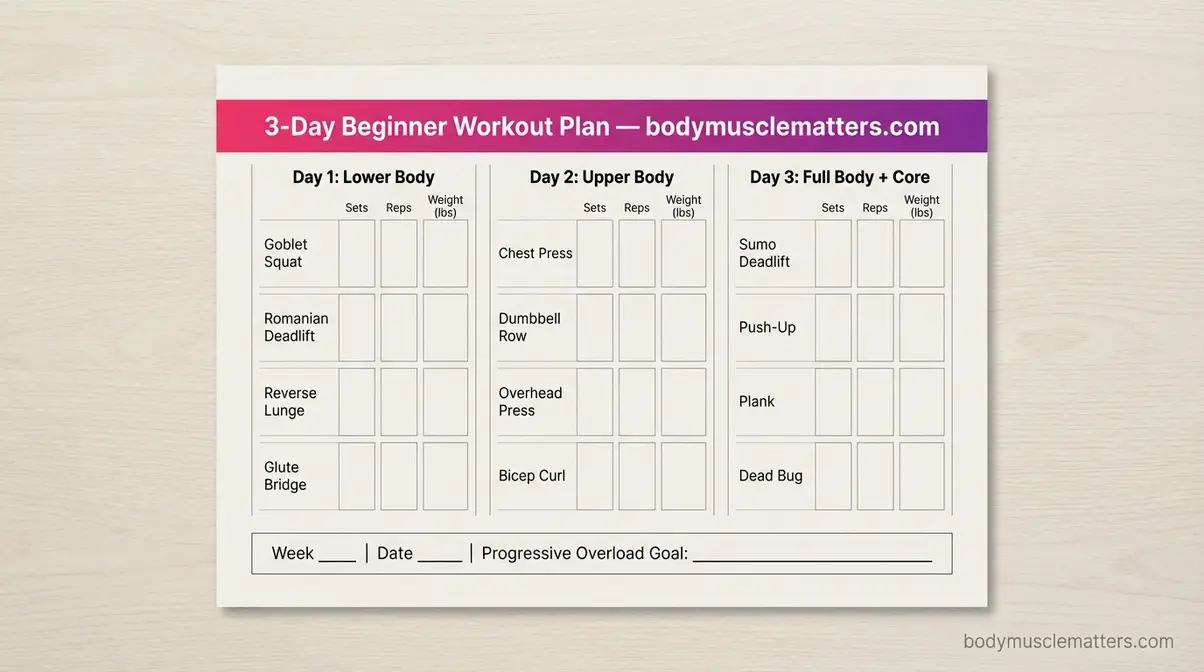 Printable 3-day beginner workout plan tracker for muscle building for women with exercise rows and weight logging columns