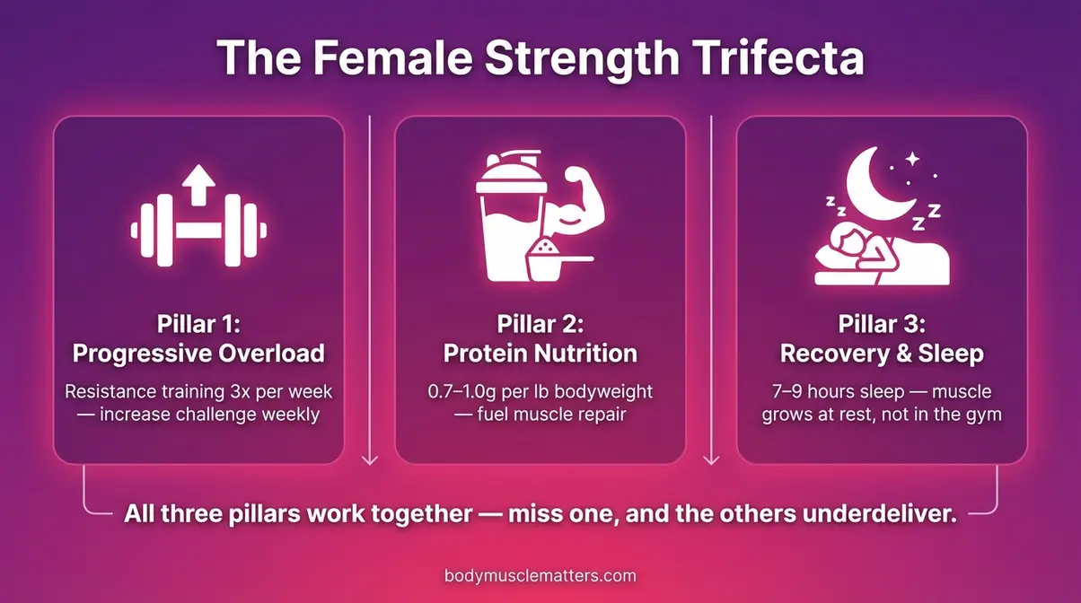 Diagram showing the three pillars of muscle building for women: resistance training, protein nutrition, and recovery