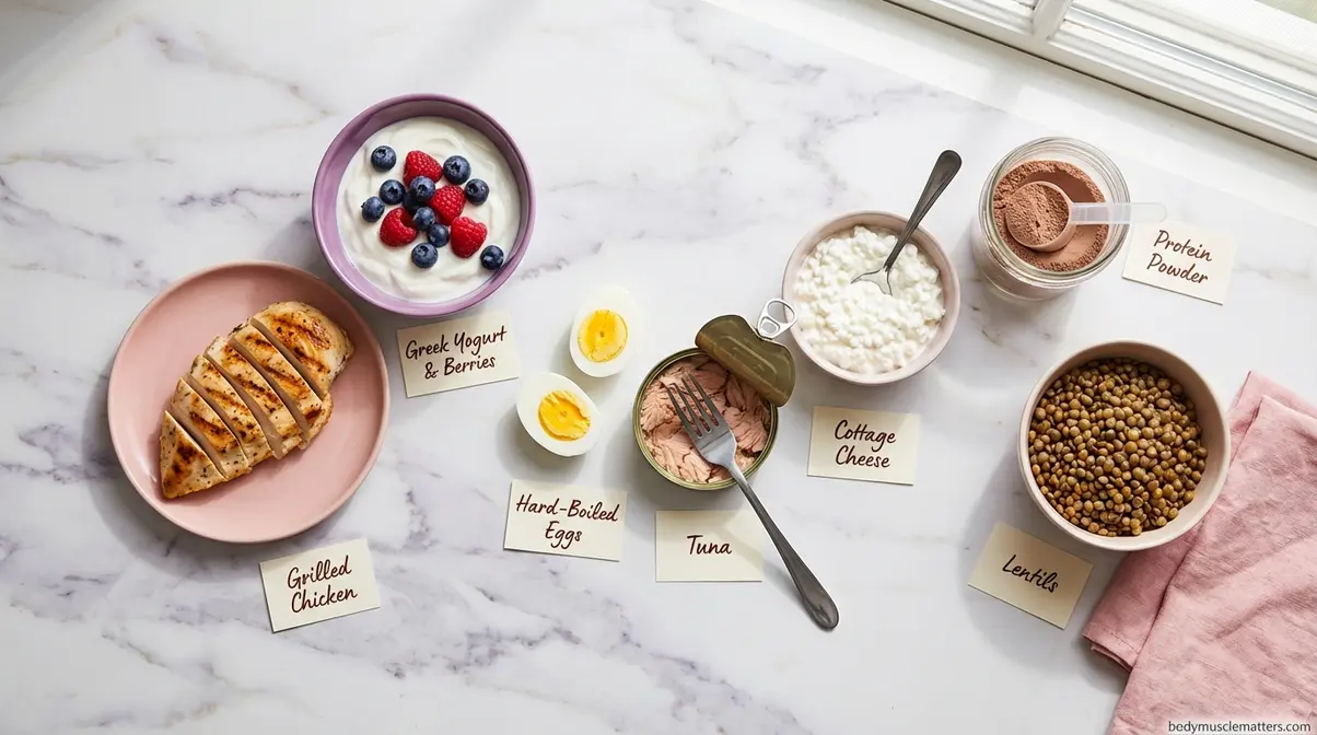 High protein foods for muscle building for women including chicken, Greek yogurt, eggs, tuna, and cottage cheese