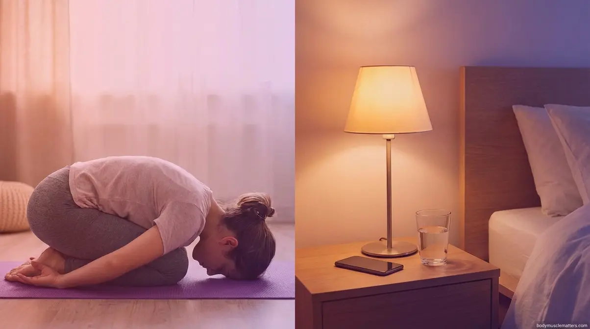 Woman doing yoga recovery stretch beside sleep environment showing rest as essential for muscle building