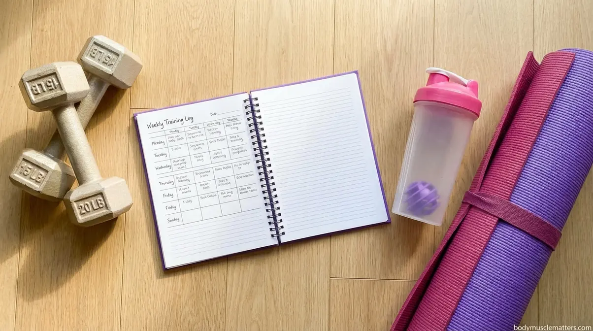 Beginner gym setup with dumbbells, workout journal, and protein shaker for women's 3-day strength training plan