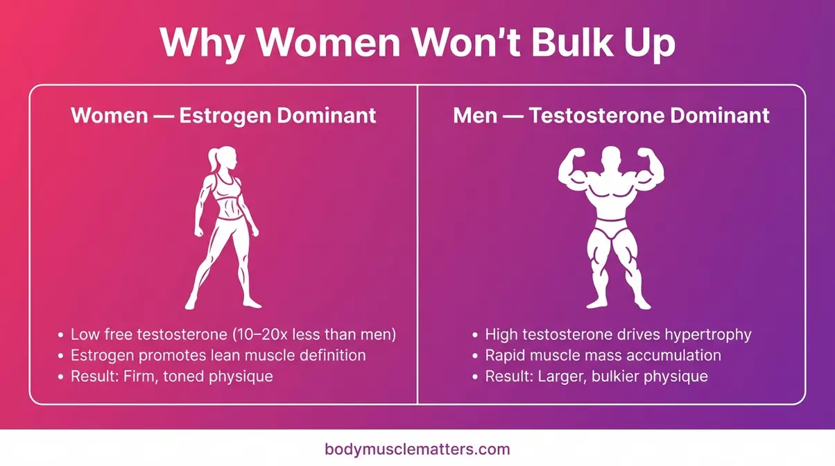 Infographic comparing estrogen versus testosterone effects on muscle building for women beginners
