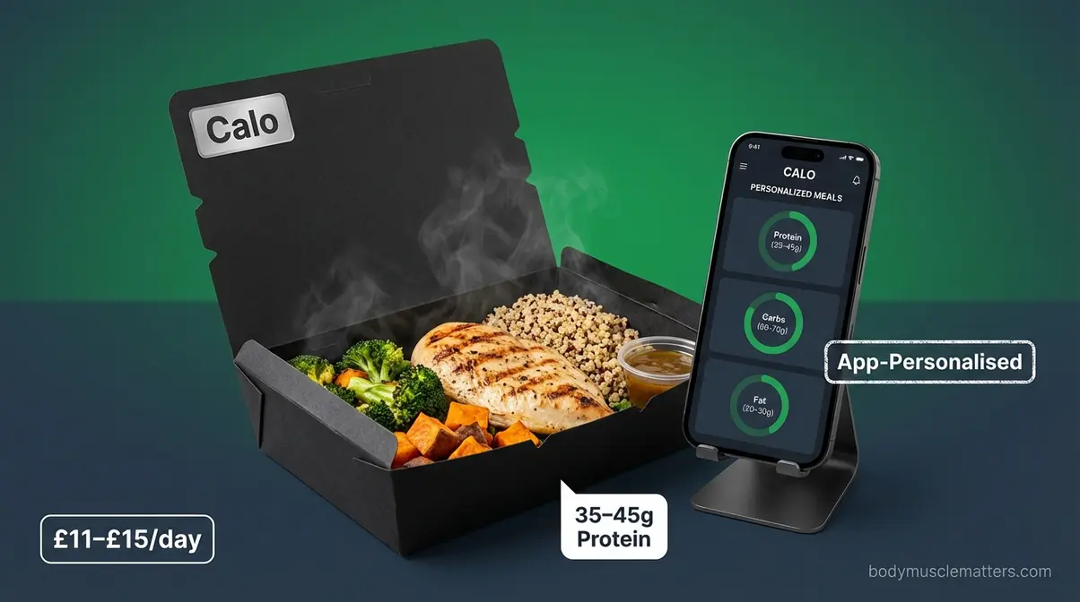 Calo personalised macro meal delivery showing app-driven nutrition tracking dashboard alongside fresh daily meal box
