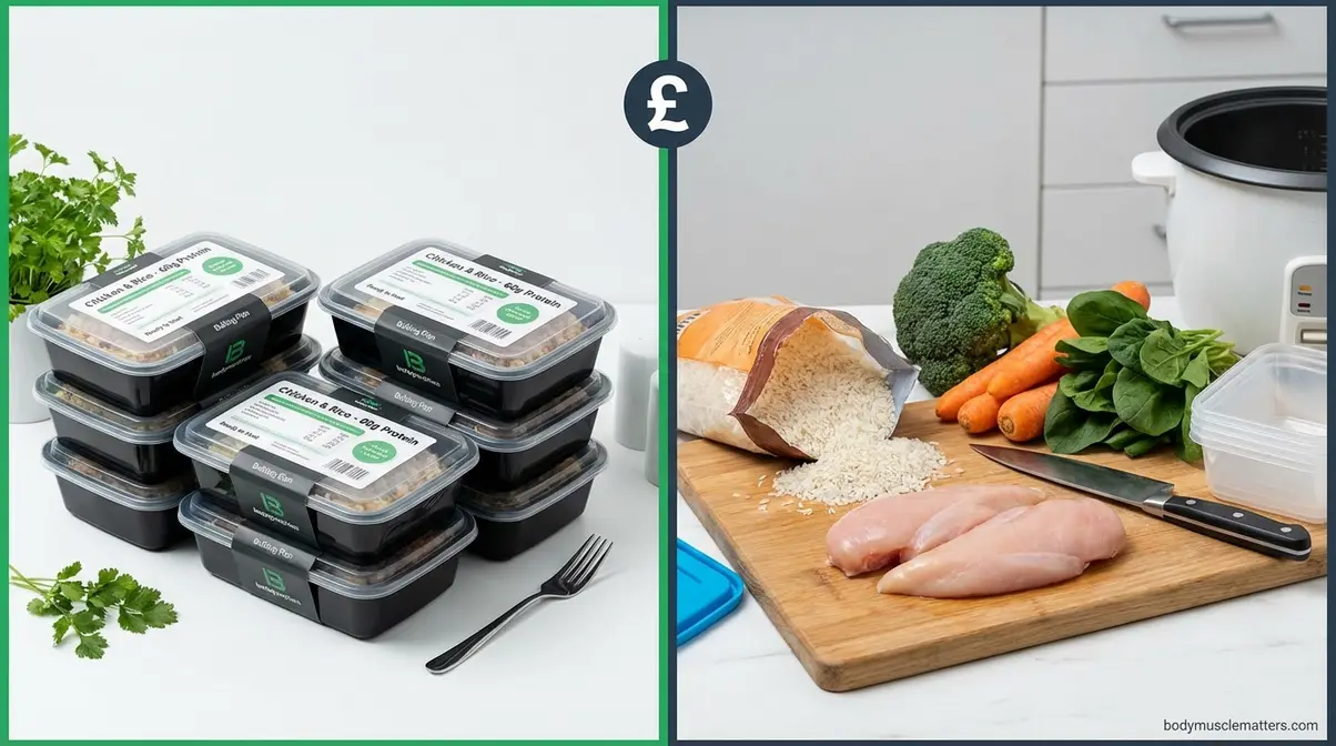 Meal delivery versus DIY bulking comparison for UK gym-goers showing convenience and cost trade-offs