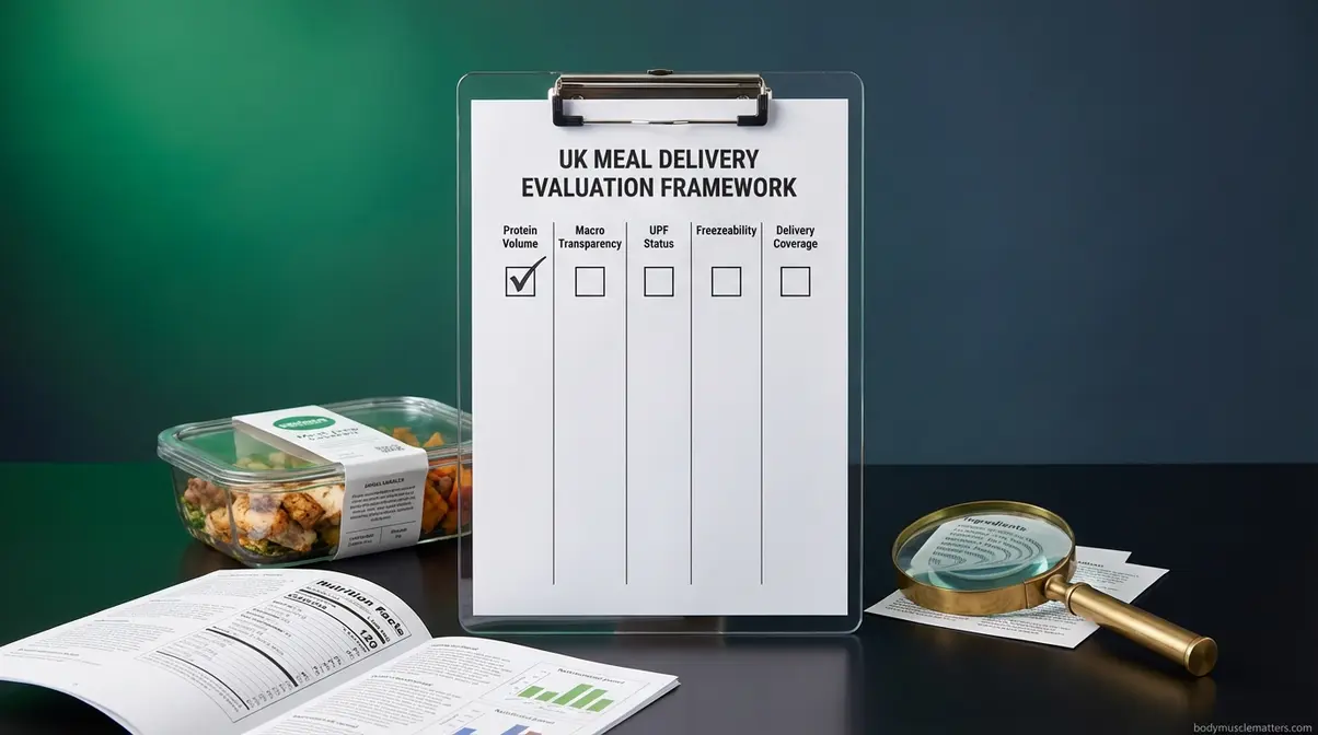 Muscle meal delivery service evaluation methodology showing five criteria scoring framework and testing process