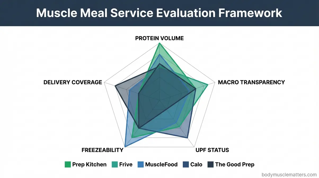 UK muscle building meal delivery service evaluation criteria radar chart comparing five services across five weighted categories