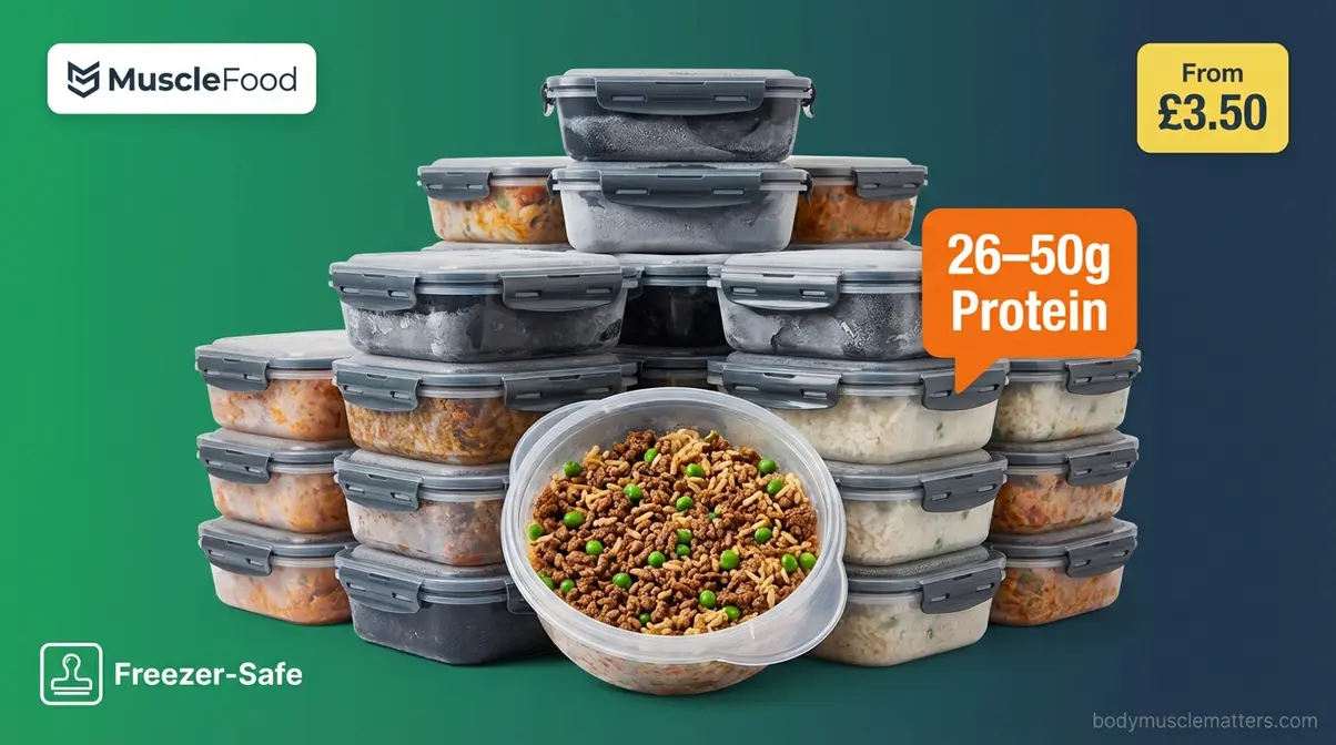 MuscleFood Prepped Pots budget muscle meal delivery UK showing stackable freezer-safe containers from three pounds fifty