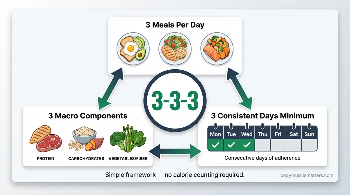 3-3-3 meal planning rule infographic for lean bulking showing three meals, three macro components, and consistency principle