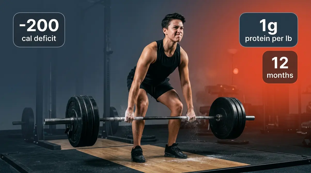 Body recomposition journey showing resistance training with protein and calorie targets for fat loss and muscle gain