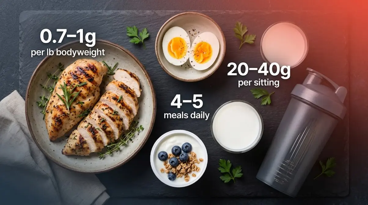 High-protein foods including chicken, eggs, and milk representing the nutrition foundation for muscle building transformation