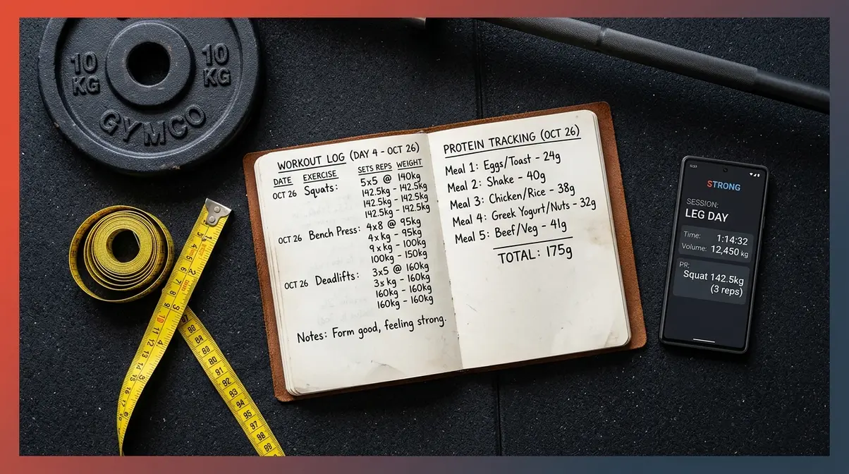 Training journal and barbell plate representing documented muscle building transformation stories and protocols