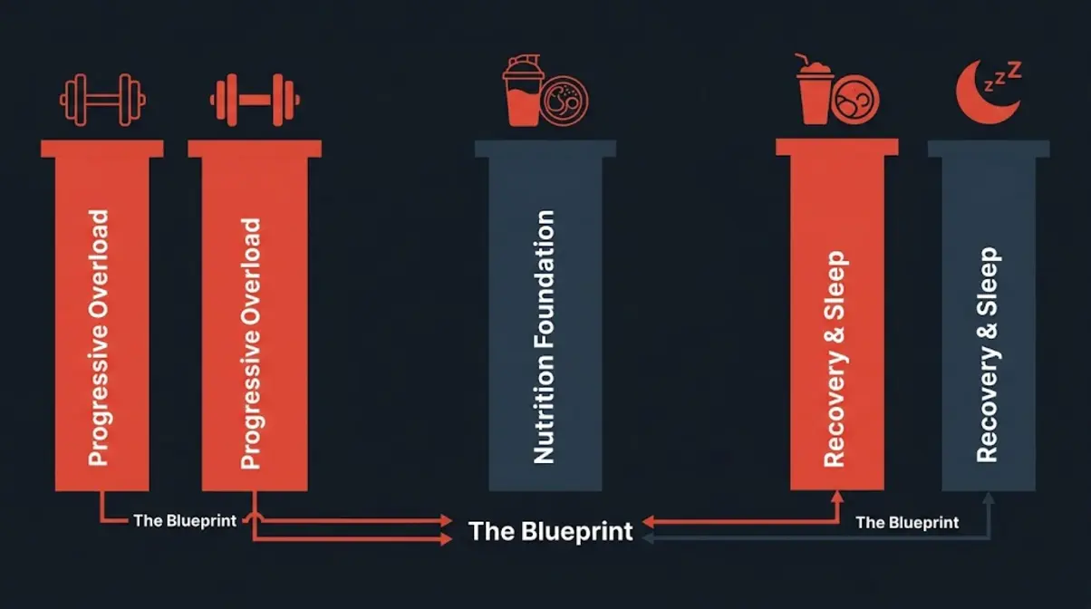 Three-pillar muscle building transformation blueprint showing progressive overload, nutrition, and recovery framework