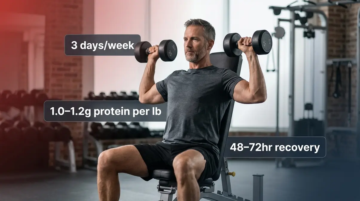 Adult over 40 performing dumbbell press showing age-defying muscle building transformation is achievable