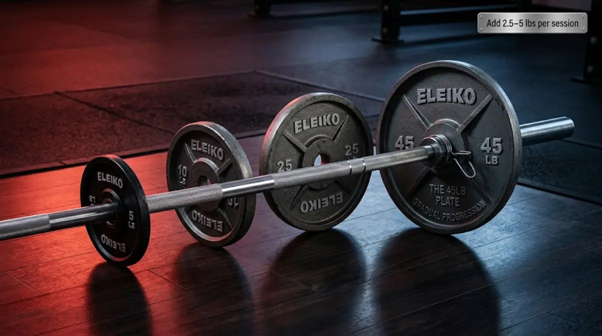 Barbell with progressively heavier plates illustrating the progressive overload principle for muscle building