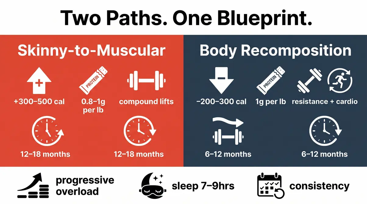 Infographic comparing skinny-to-muscular and fat-to-fit muscle building transformation timelines and protocols