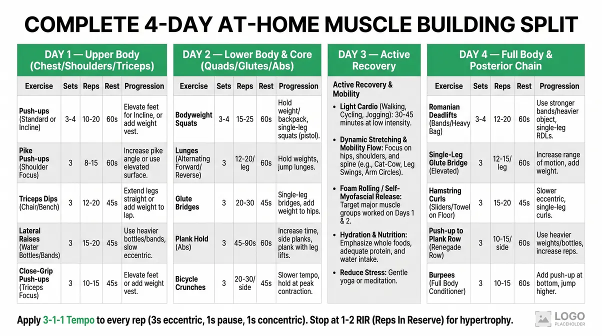 Complete 4-Day at-home muscle building workout plan with no equipment — printable split chart