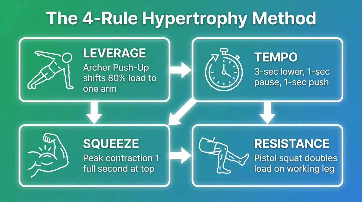 Infographic explaining the 4-Rule Hypertrophy Method for bodyweight muscle building at home
