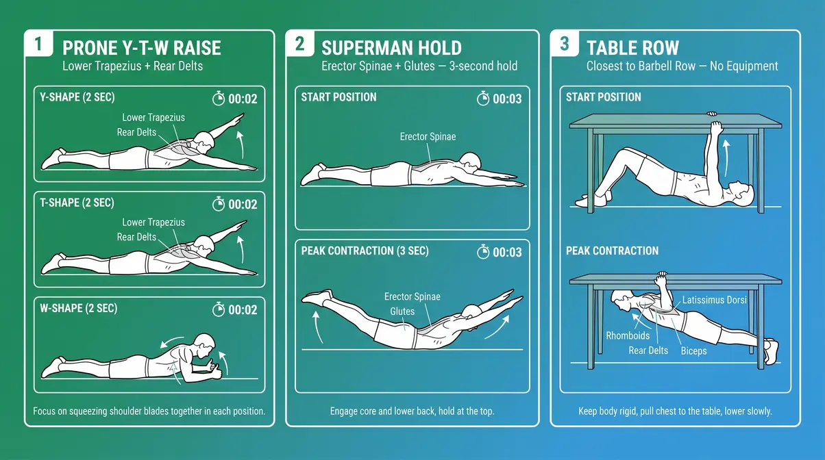 Back exercises without pull-up bar — Y-T-W raises, Superman hold, and table rows at home