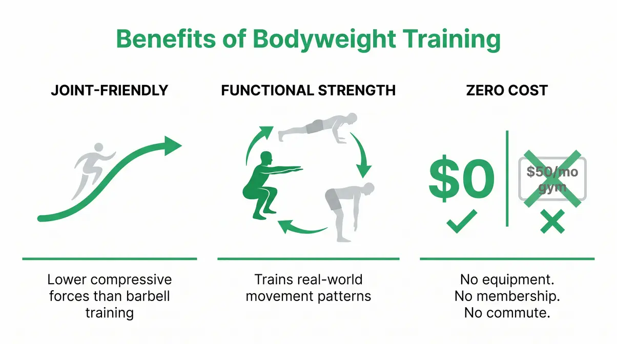 Benefits of bodyweight training illustrated — joint health, functional strength, and zero cost