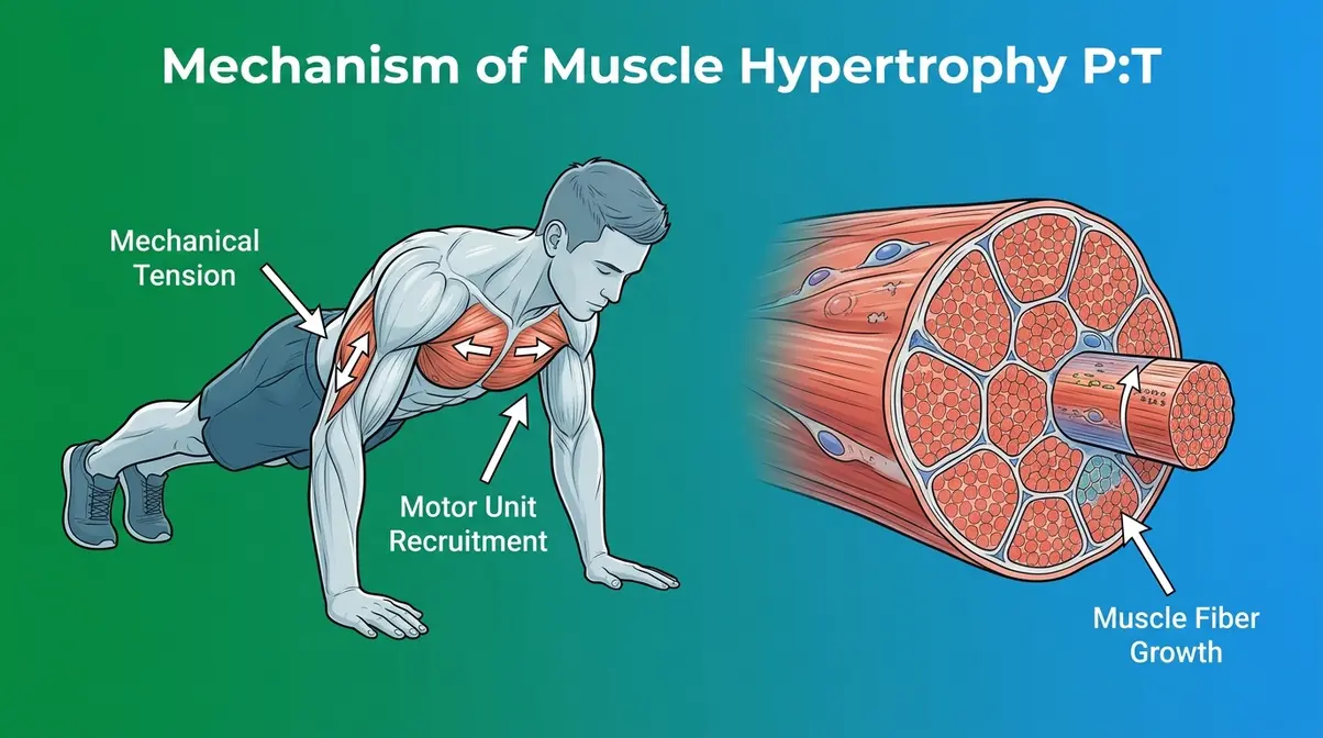 Bodyweight training muscle hypertrophy science — mechanical tension and motor unit recruitment diagram