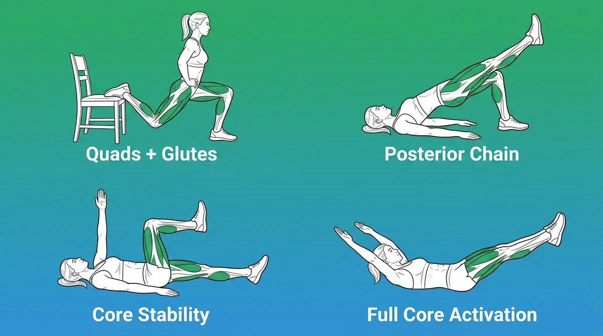 Lower body and core home exercises — Bulgarian split squat, glute bridge, dead bug, hollow body hold