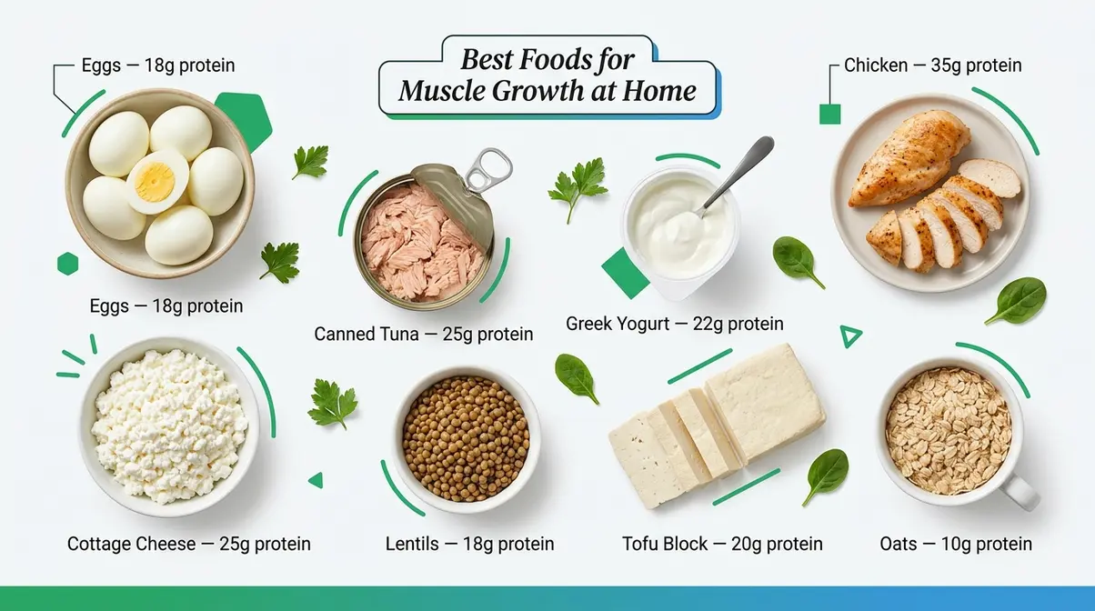 Best muscle-building foods for home training — eggs, chicken, tuna, Greek yogurt, lentils with protein counts