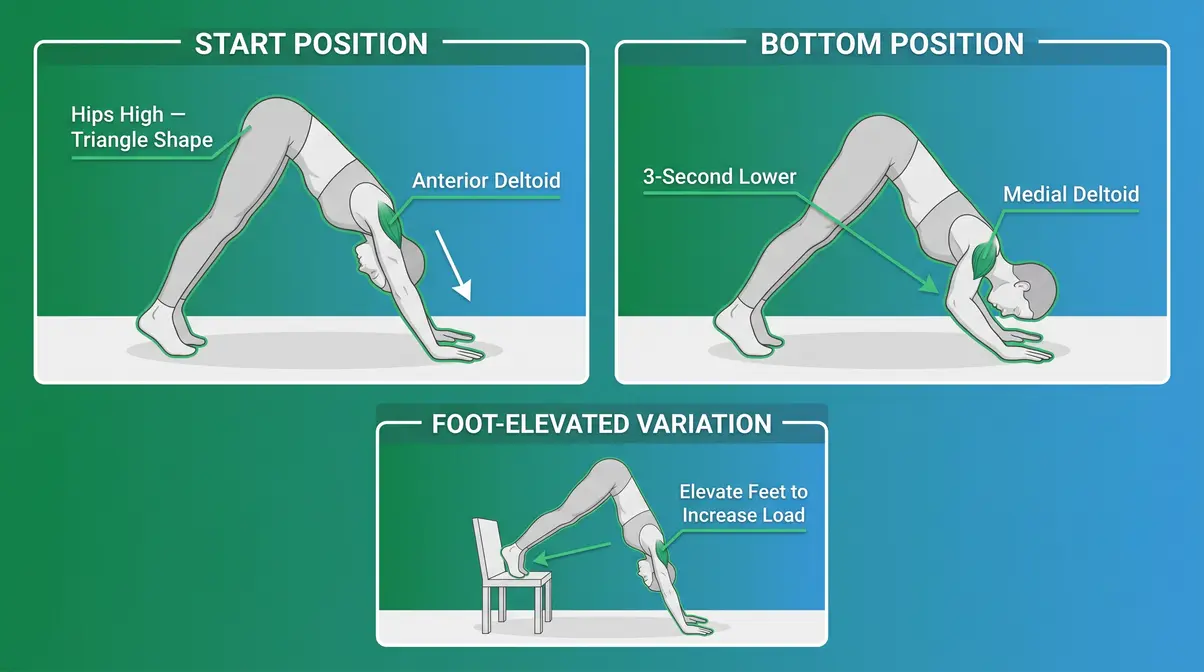 Pike push-up demonstration for shoulder muscle building at home — start and bottom positions
