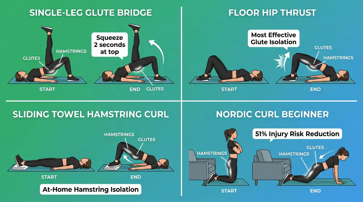 Posterior chain exercises at home — glute bridge, hip thrust, towel hamstring curl, and Nordic curl