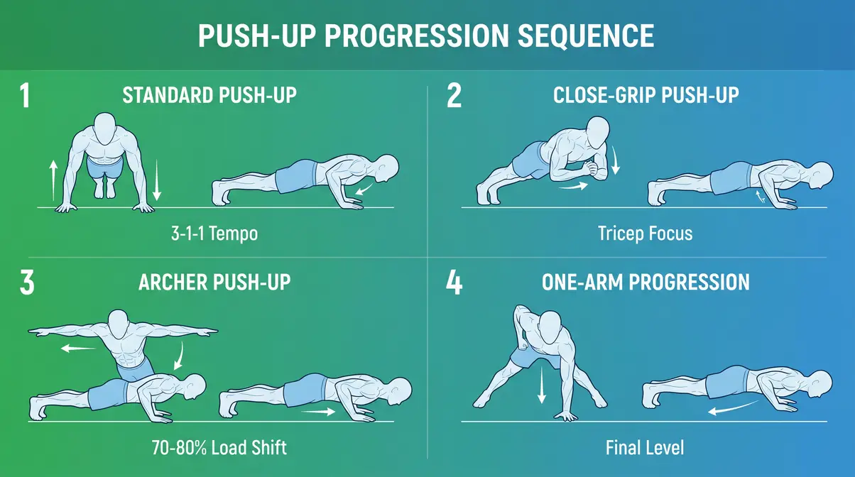 Push-up progression for bodyweight muscle building — standard to close-grip to archer to one-arm